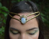 Elven Fairy Pixie Brass Goddess Moonstone Crystal Stone Flower Leaf Tiara Crown Head Piece OOAK