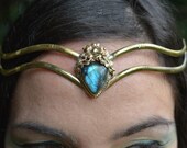 Elven Fairy Pixie Brass Goddess Labradorite Crystal Stone Flower Tiara Crown Head Piece OOAK