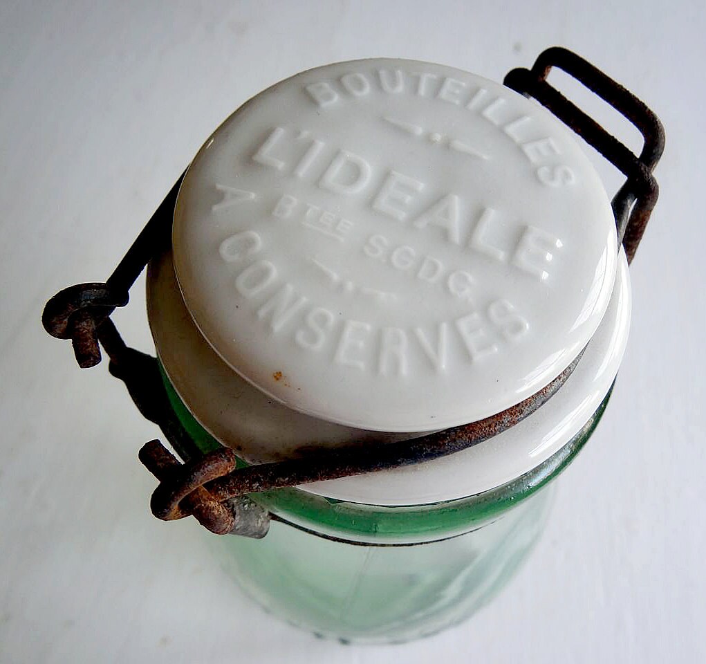 vintage French canning jar with porcelain hinged lid