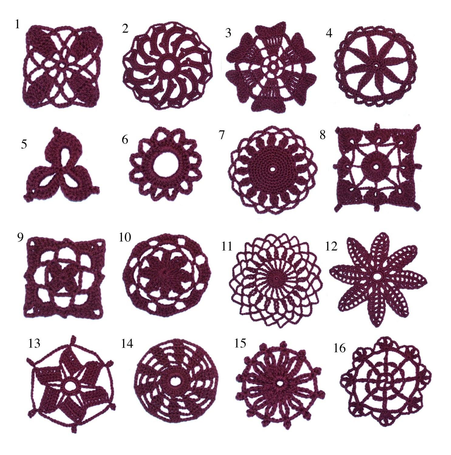 Crochet Lace  16 Individual Motifs  Ebook Instant Digital PDF