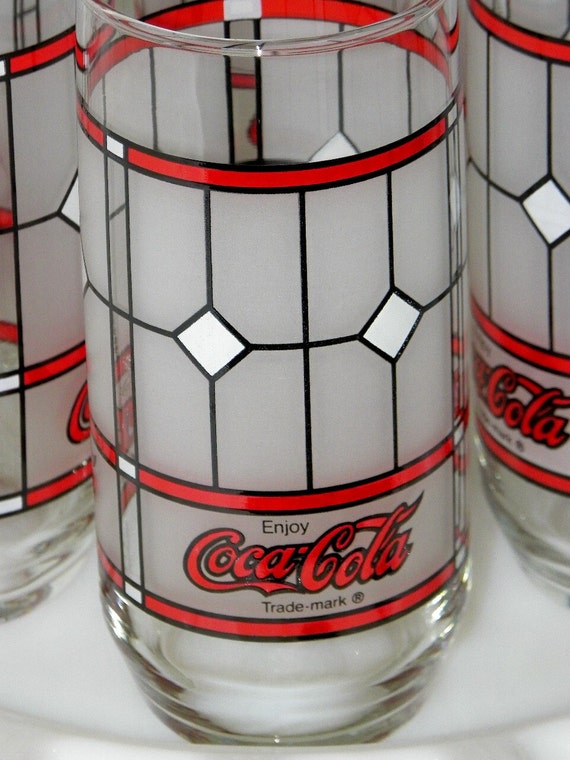 Vintage Coca Cola Stained Glasses Set of Six 16 Ounce Frost On