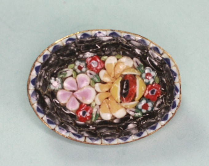 Oval Mosaic Tile Pin Floral Design Italy Signed Black Yellow Pink Red