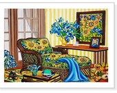 Fine Art Print Interior Still Life from Original Painting, Sunflowers, Wicker Chaise Lounge, Blue Throw Cover, Sunroom, k Madison Moore Fine Art Print Interior Still Life from Original Painting, Sunflowers, Wicker Chaise Lounge, Blue Throw Cover, Sunroom, k Madison Moore