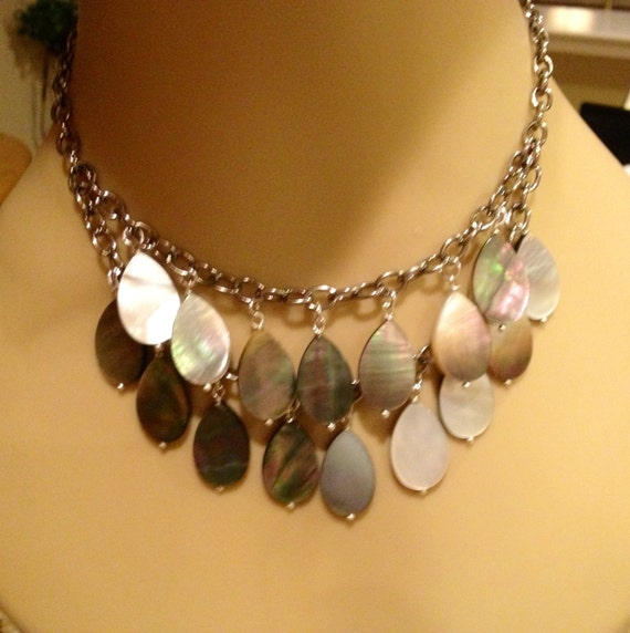 Black Lip Abalone Shell Bib Necklace in Silver Chain by KsaDesigns