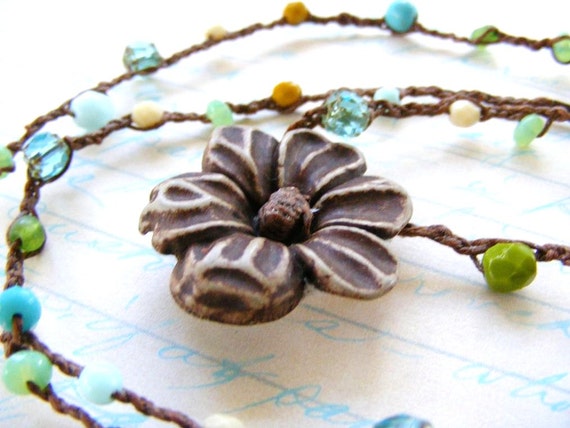 Earthy Brown Oriental Vintage Flower Bead Pendant by meiguidesigns