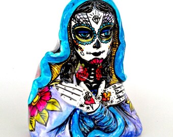 Ceramic Madonna Planter Day of the Dead Mexican Folk by sewZinski