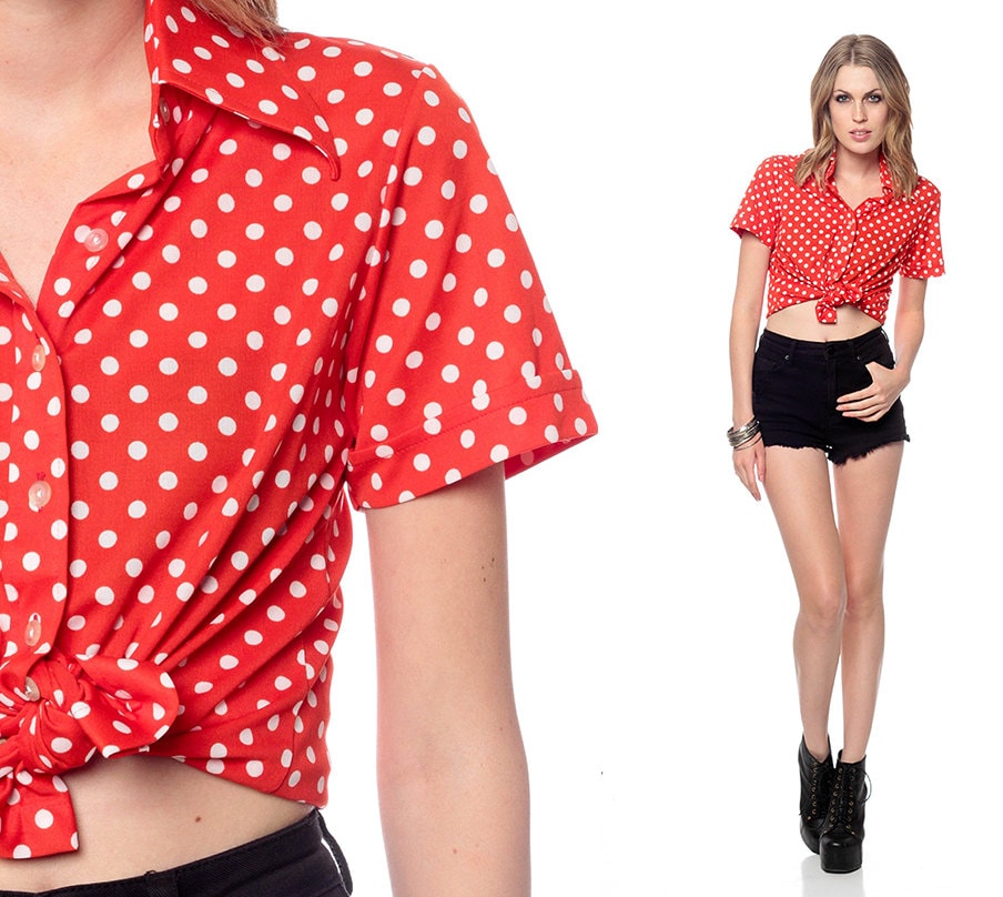 Red POLKA DOT Blouse 70s Button Up CROP Top Secretary Shirt