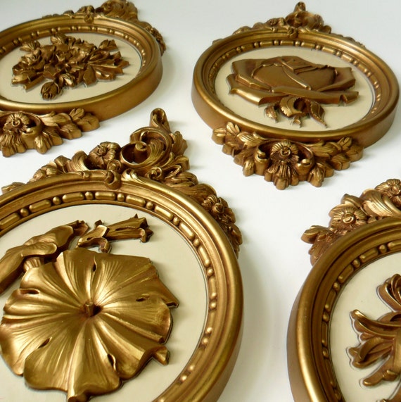 Gold Floral Wall Plaques 70s / Set of 4 / by AttysVintage on Etsy