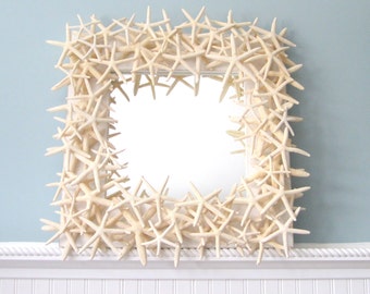 Beach Decor Starfish Mirror, Nautical Decor Starfish Wall Mirror, Seashell Wall Mirror, White Starfish Mirror, Seashell Mirror #SFM18