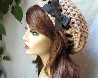 SALE Crochet Slouchy Beret, Woman Hat, Taupe or Pick Your Color, Ribbon, Chunky, Teens, Winter, Birthday Gifts, Gifts for Her, JE368BTR2