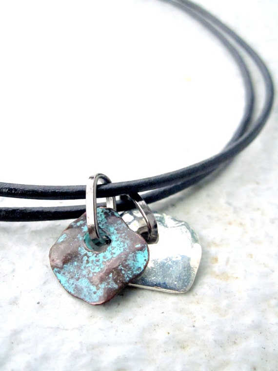 Mens Necklace w/ Silver Copper Pendant Mens Leather Necklace