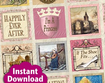 Princess Printable One Inch Squares / Happily Ever After /Fairy Tale - Printable DOWNLOAD 1x1 Inch Square Tiles Digital JPG Collage Sheet