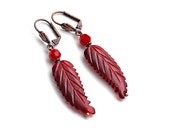 Carnelian Feather Earrings Vintage Hand Carved Swarovski Crystals Southwestern Red Brown Rust Coral Orange OOAK