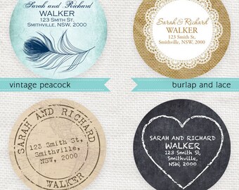 personalized return address label circle stickers - printable file - rustic antique chic