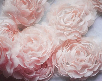 1 Yard Chiffon Rose Lace Trim Appliqué Peach Pink 3D Bridal Wedding Camellia Ruffled Flower LA017