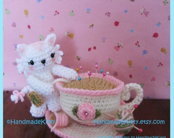 Kitty Playing with Pincushion Teacup Amigurumi PDF Crochet Pattern by Handmadekitty