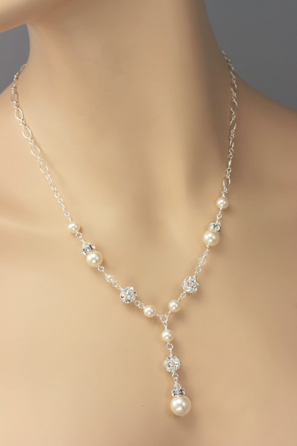 Pearl and Rhinestone Bridal Y Drop Necklace Wedding Necklace