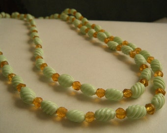 Mint Green Molded Glass Bead Necklace Amber Glass Beads 39"