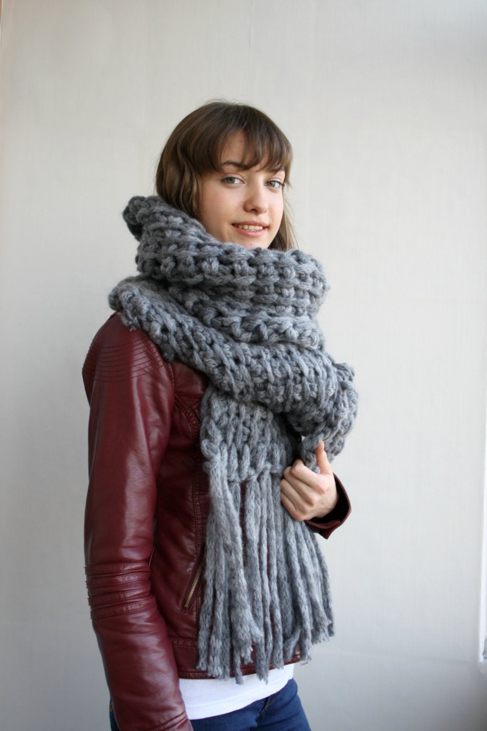 Dark Gray Wool Big Extra Long Scarf Perfect Gift Under 75 For