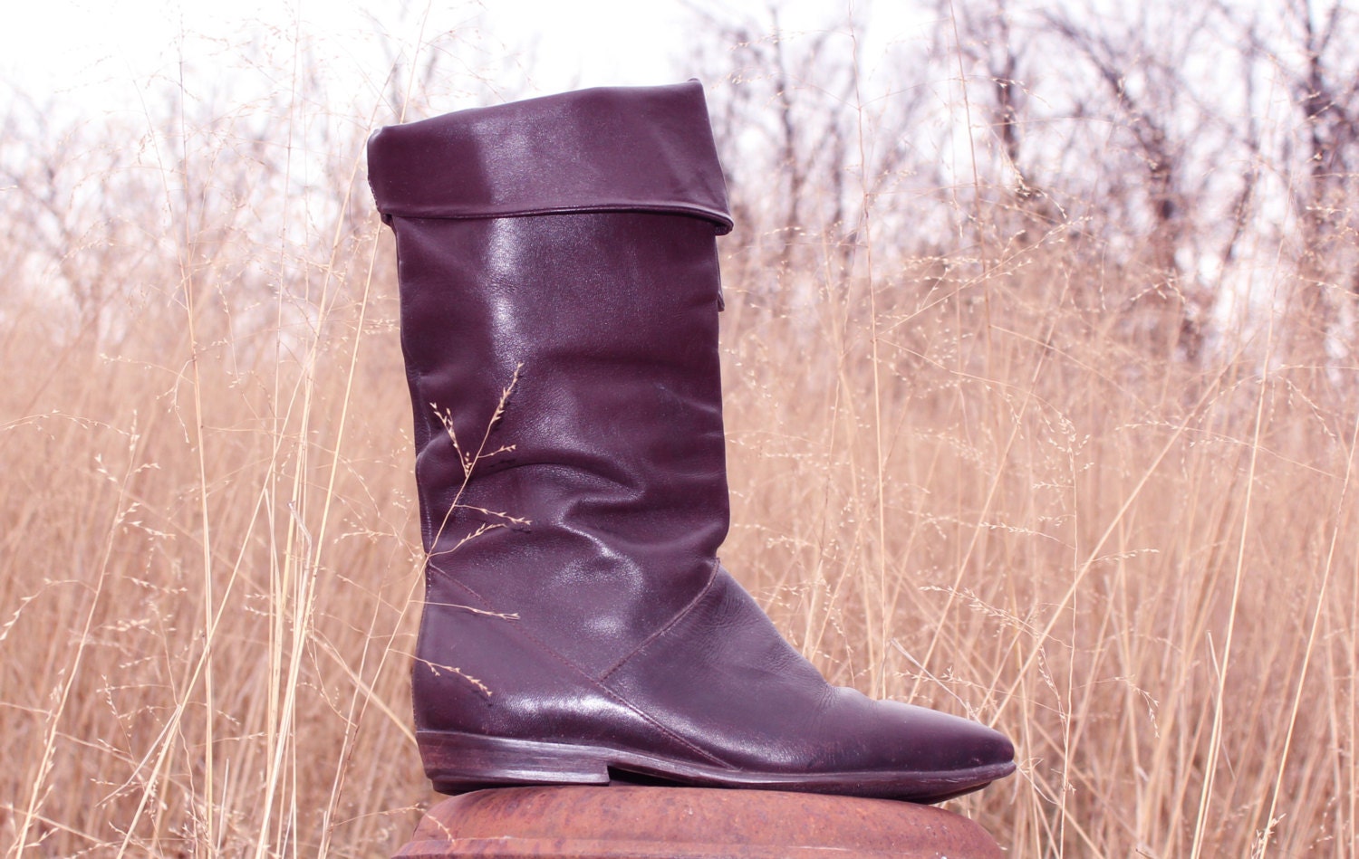 Vintage 80s Tall Leather Boots in Dark Oxblood Brown Slouch