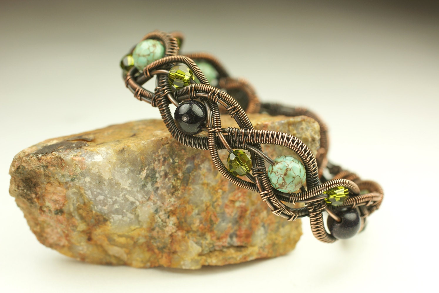 Copper Wire Woven Braided Bracelet with Beads