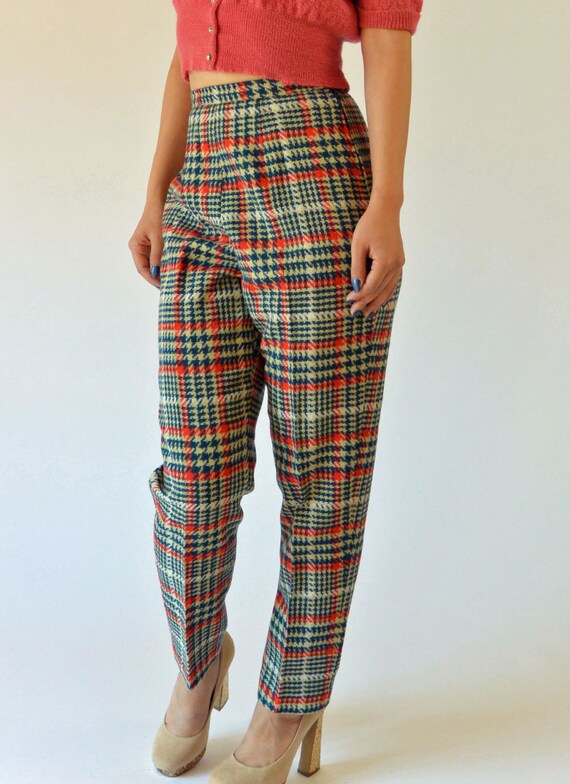 vintage 60s MOD high waisted pants / Plaid Wool Cigarette