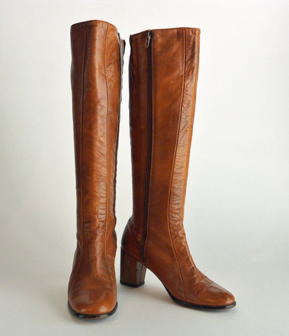 Vtg 60s Womens Brown Leather Boots GOLOBOOTS Mod GoGo Boots Knee High ...