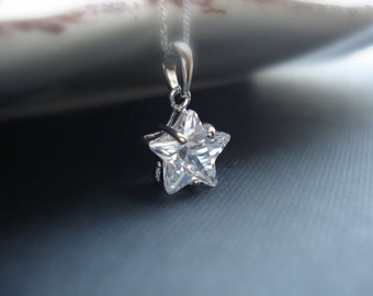Crystal Star Necklace In Sterling Silver, Star Pendant, Cubic Zirconia, Delicate Everyday Jewelry, Modern