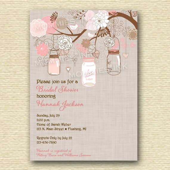 Shabby Chic Pink Mason Jar and Flowers Bridal Shower Invitation - Linen Background - PRINTABLE INVITATION DESIGN Il_570xn