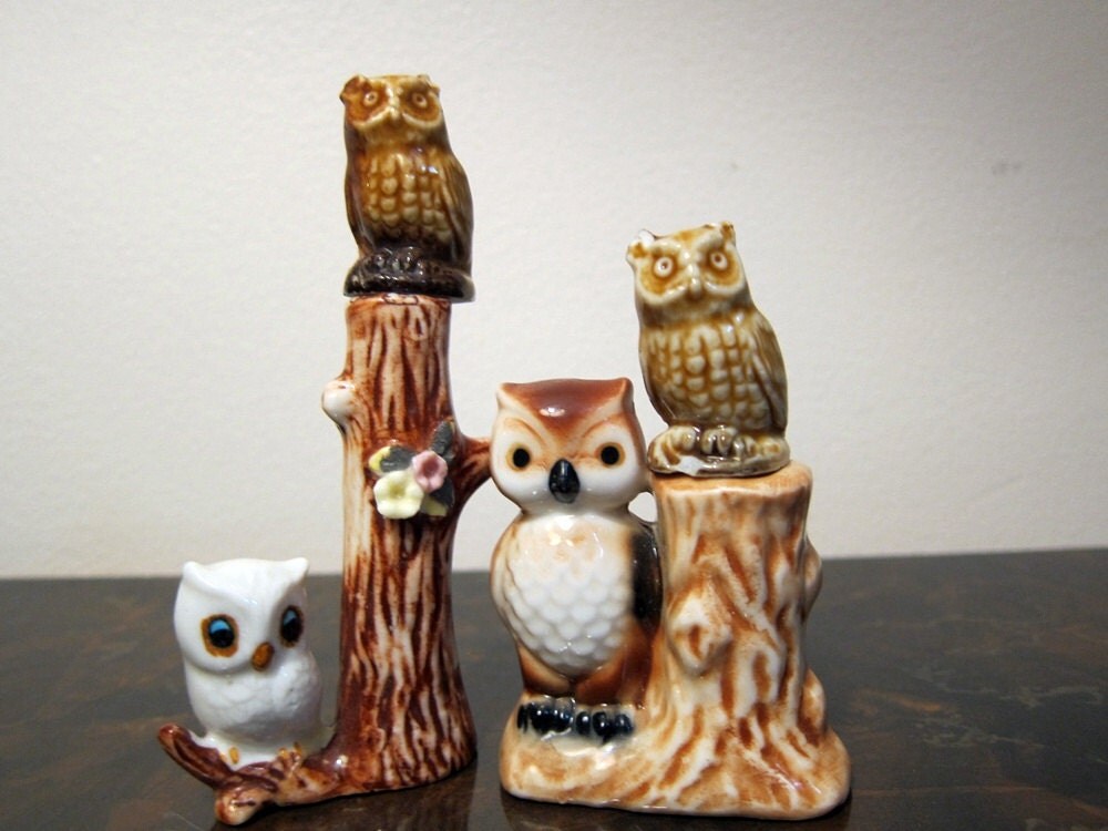 vintage Little Owl Collection owl vases and Wade owls set
