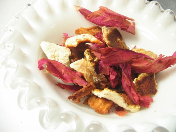 Potpourri with dried pineapple, orange and grapefruit peel, peony petals, and more