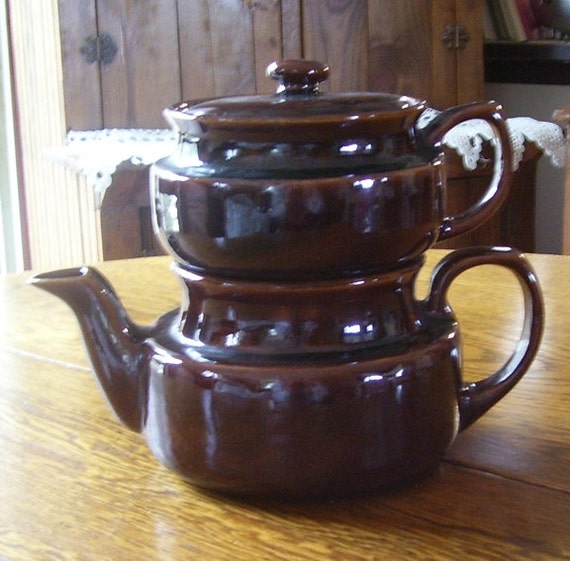 Brown Pottery Double Drip O Lator Coffee Pot or Teapot