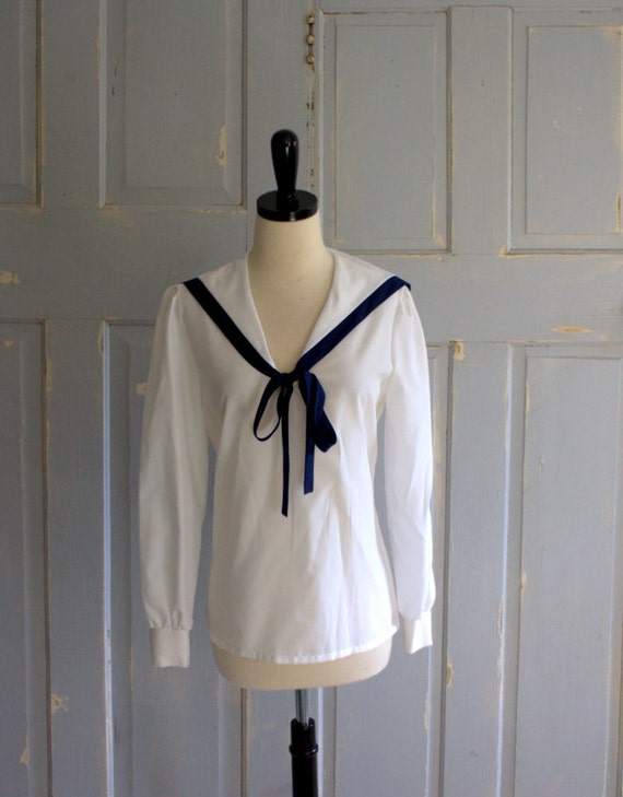 Vintage Sailor Blouse White Blue Womens by SassySisterVintage