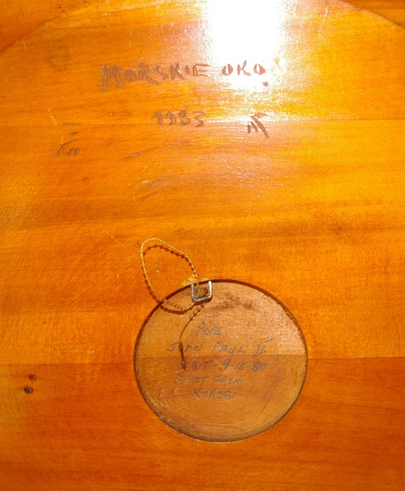 Wooden Plate with Brass Inlay Signed Morskie Oko Poland