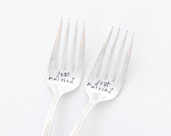 Bridal Wedding Cake Forks. Just Married Wedding Table Setting for the Bride and Groom.