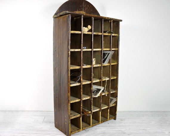 Antique Mail Sorter Cabinet / Industrial Wood Cabinet