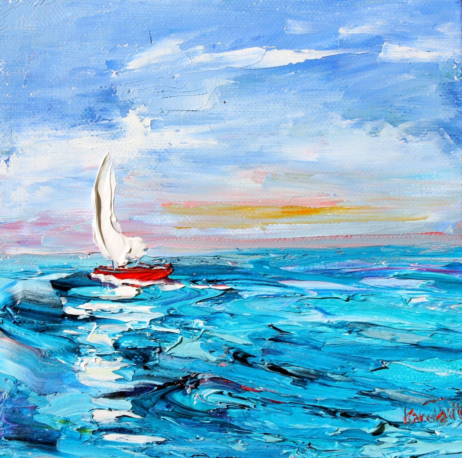 Original Sailing ocean Boat modern palette knife painting