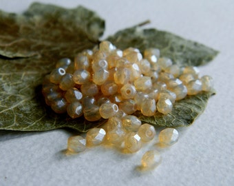 Czech glass beads, fire polished faceted round beads, 4mm Opal Champagne & Shimmering luster (100pcs)