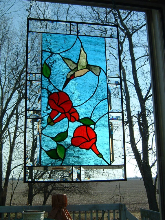 Stained Glass Original Hummingbird Panel Window Hanging Bevel