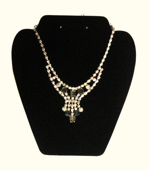 Vintage Rhinestone Diamond Choker Necklace w/ 6 Jade Green Stones ...