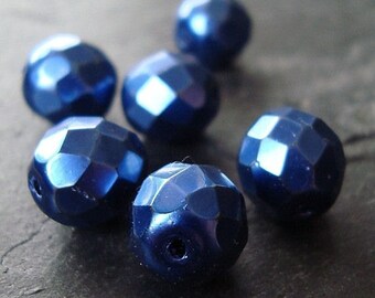 Czech Glass Beads 10mm Metallic Royal Blue Faceted Rounds - 8 Pieces