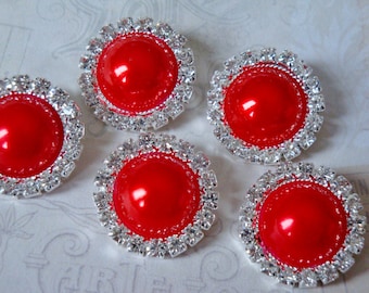 5 pcs - 20mm Silver Metal RED Pearl (no.45) Crystal Rhinestone Buttons Embellishments w/ shank - wedding / hair / Flower Center