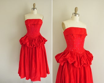 vintage 1950s dress / 50s red strapless party dress / 1950s rhinestone covered prom dress