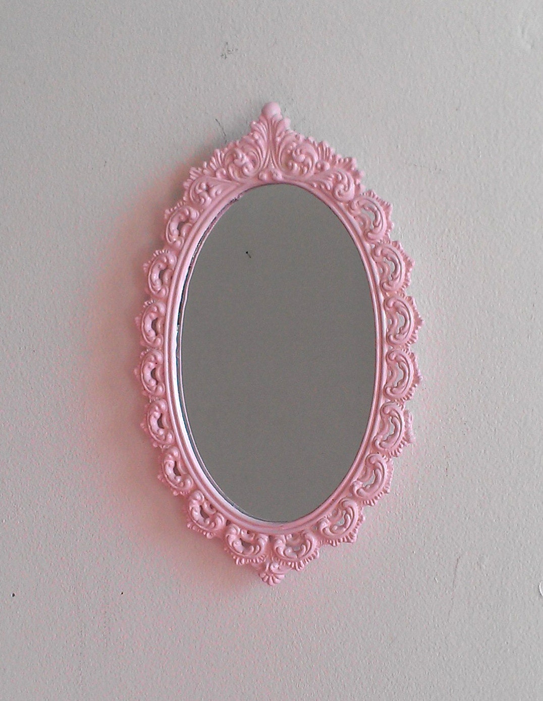 Vintage Pink Mirror in Oval Filigree Frame 8 by 5 Inches