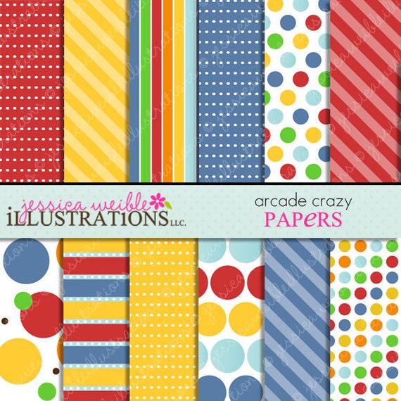 Arcade Crazy Cute Digital Papers for Card Design, Scrapbooking, and Web Design Il_570xn