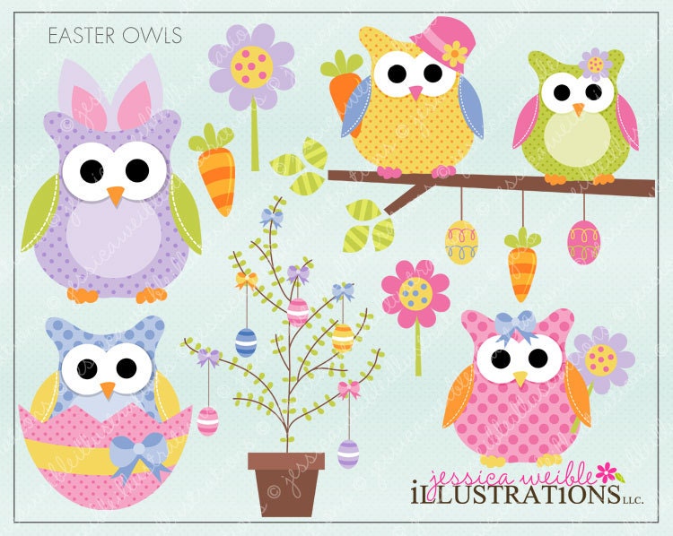 Easter Owls Cute Digital Clipart for Invitations Card Design