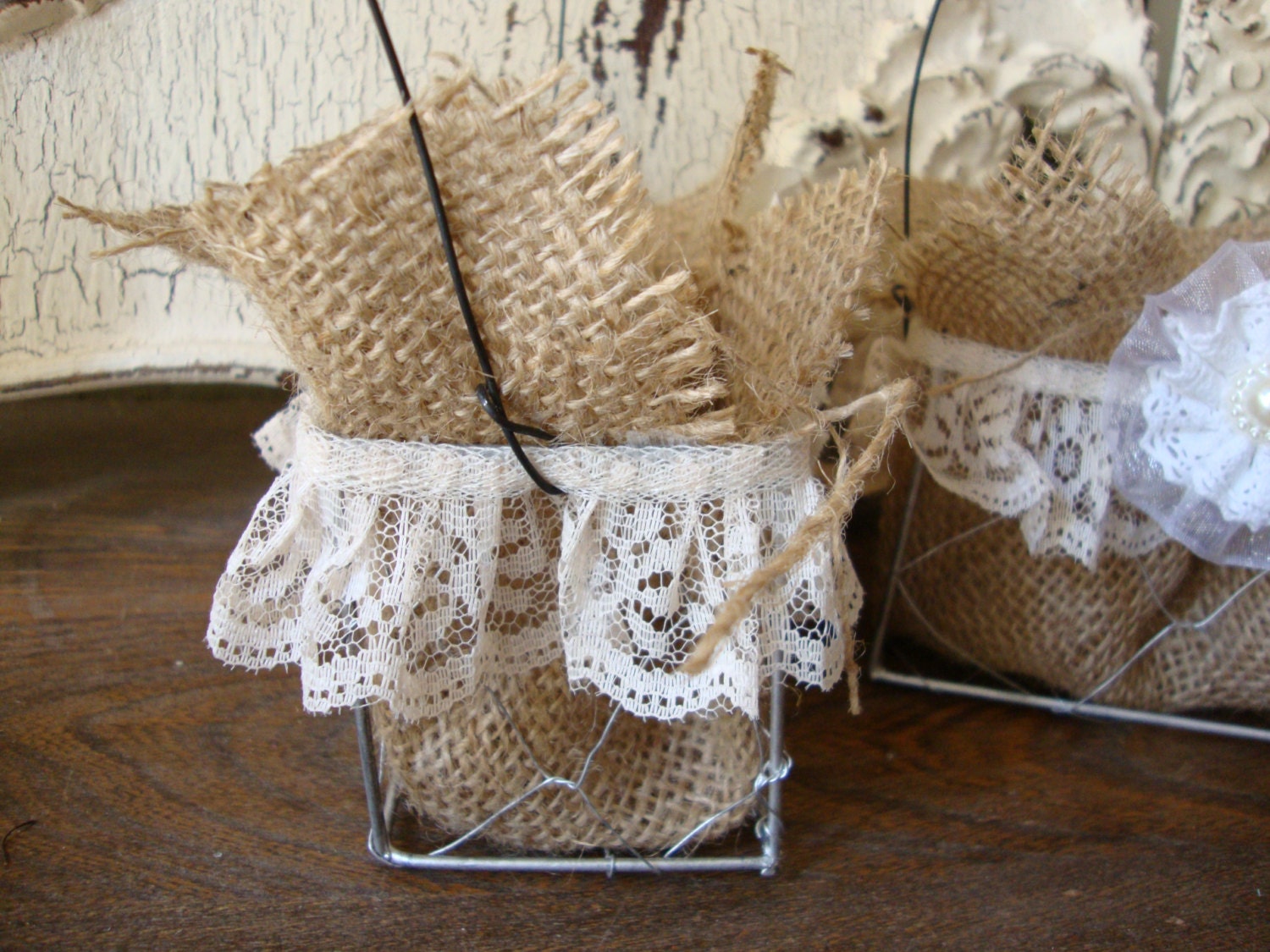 Chicken wire baskets Burlap lace and fabric by PaperAndMache