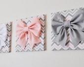 SET OF THREE Wall Decor -Large Gray Pink and White Bows on Pink and Gray Chevron 12 x12" Canvases Wall Art- Baby Nursery Wall Decor- - bedbuggs