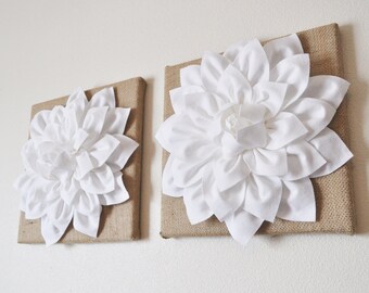 Housewarming Gift Wall Art Rustic Home Decor TWO Wall Flowers -White Dahlias on Burlap 12 x12" Canvas