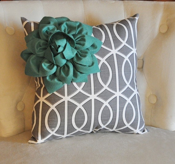 Teal Corner Dahlia on Gray and White Bella Porte Print Pillow 14 X 14 -Flower Pillow--NEW PRINT-